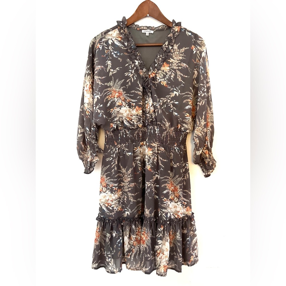 Jodifl Floral Print V Neck Long Sleeve Gray Women's Dress Ruffle Collar Size M